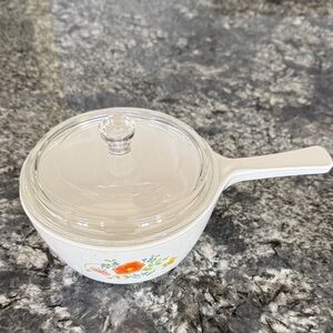 Corningware White Saucepan with Floral Design and Glass Lid